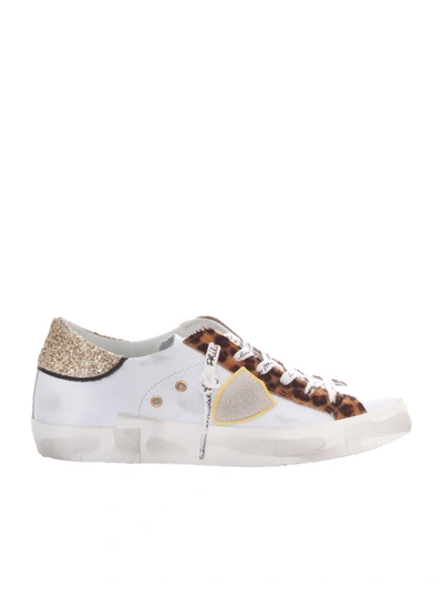 Philippe Model Prsx Low Sneakers With Animalier And Glitter Detail In White