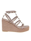 VALENTINO GARAVANI ROCKSTUD WEDGE SANDALS IN BEIGE