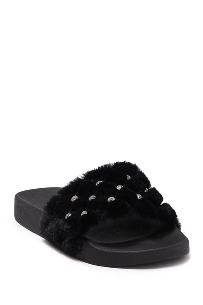 Bebe Faryn Embellished Faux Fur Slide Sandal In Black