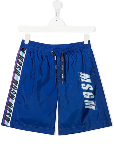 Msgm Teen Logo Print Swim Shorts In Blue