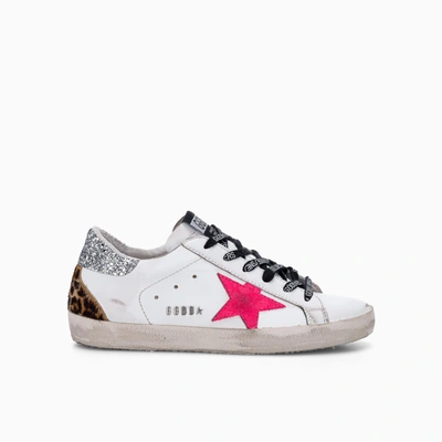 Golden Goose Super-star Sneakers With Pink Star And Glitter Detail In White Pink Silver