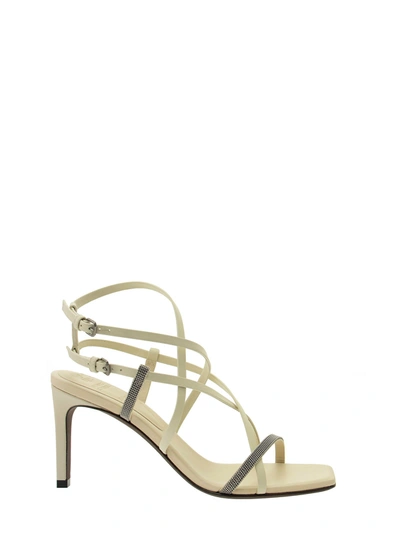 Brunello Cucinelli Matte Calfskin Heels With Shiny Strap In Rice