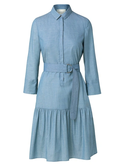 Akris Punto Belted Cotton Chambray Flounce-hem Dress In Blue