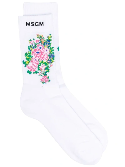 Msgm Socks With Logo And Flowers In White