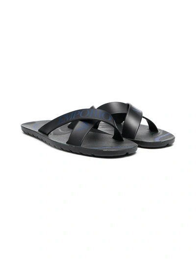 Emporio Armani Black Teen Sandals With Print In Nero/blu