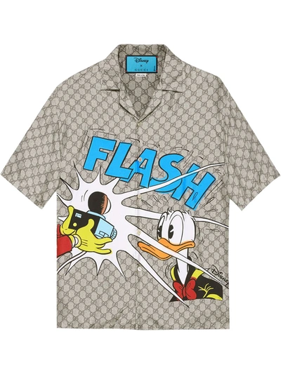 Gucci Mens Vint Camel Blue Mc X Disney Donald Duck Graphic-print Silk Hawaii Shirt 38 In Beige