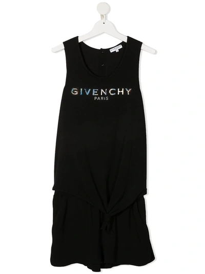 Givenchy Kids' 虹彩光泽logo印花连体短裤 In Black