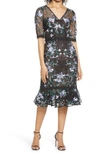 MARCHESA NOTTE FLORAL EMBROIDERED MIDI COCKTAIL DRESS,N42C2109
