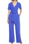 BADGLEY MISCHKA TIE FRONT SHORT SLEEVE STRETCH CREPE JUMPSUIT,BNE9072A