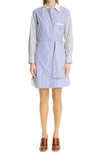 Chloé Stripe Floral Embroidered Long Sleeve Poplin Shirtdress In Blue/ White
