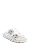Roger Vivier Slidy Viv Strass Buckle Crystal-embellished Metallic-woven Sliders In Clear