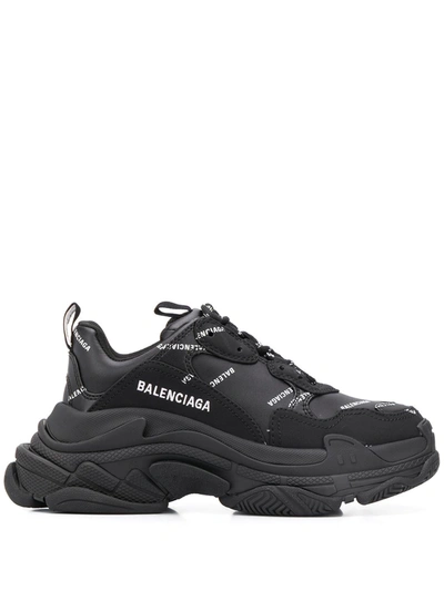 Balenciaga Triple S Logo-print Embroidered Leather, Nubuck And Mesh Sneakers In Nero