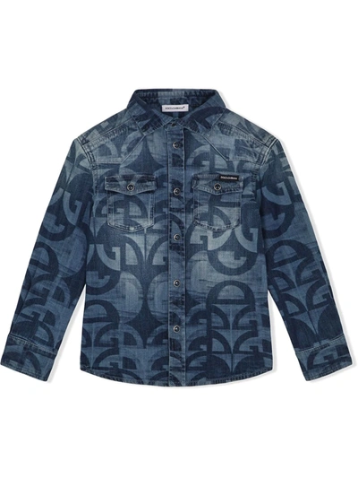 Dolce & Gabbana Kids' Monogram Pattern Denim Shirt In Blue