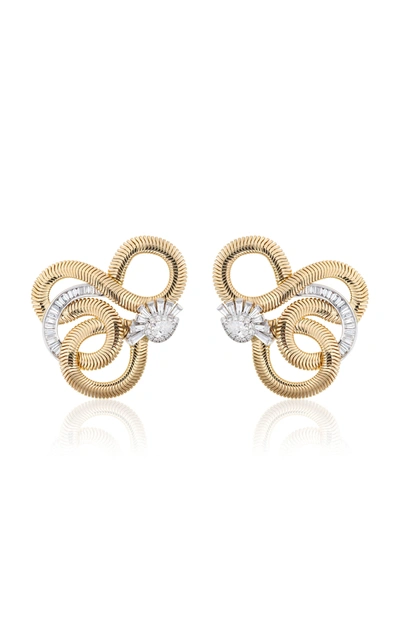 Nikos Koulis Feelings 18k Gold & White Gold Swirling Earrings 0.25 Ct. Round 1.68 Ct. Tapered 0.51 Ct. Pear White