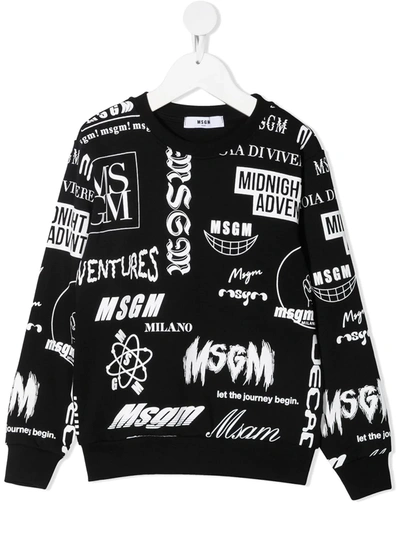 Msgm Kids' Logo-print Round Neck Sweatshirt In Black