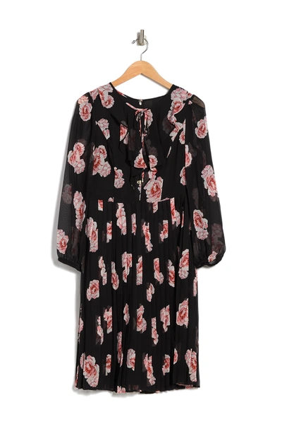 Tommy Hilfiger Women's Ruffle-trim Floral-print Pleated Chiffon Dress In  Blk/ballerina Pink