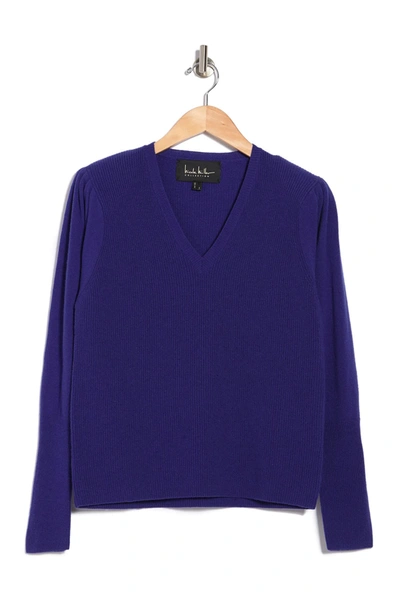 Nicole Miller V-neck Puff Sleeve Cashmere Sweater In Sapphire