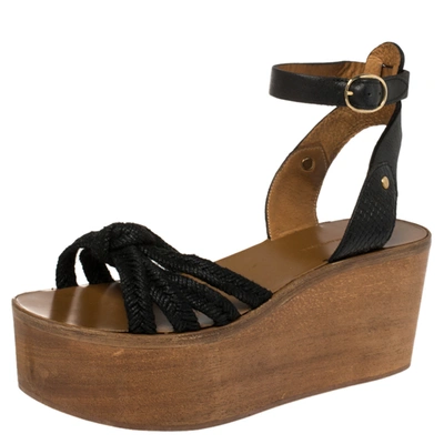 Pre-owned Isabel Marant Black Leather And Jute Zia Wooden Wedge Ankle Strap Sandals Size 37