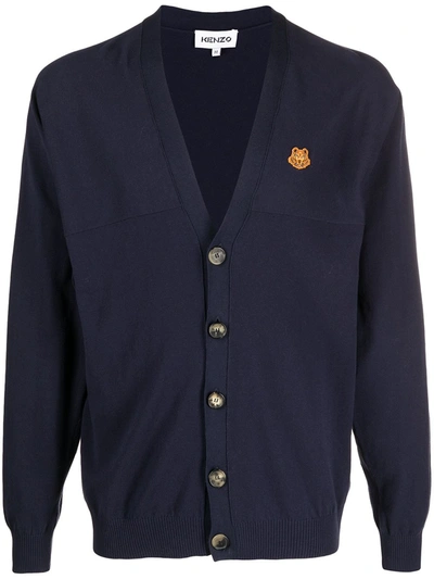 Kenzo Embroidered Tiger V-neck Cardigan In Blue