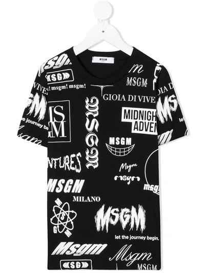 Msgm Teen Slogan-print Cotton T-shirt In Black