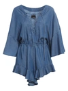 Pinko Ruffle-trim Lace-up Chambray Playsuit In Blue