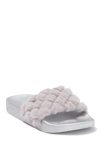 Bebe Faryn Embellished Faux Fur Slide Sandal In Silver