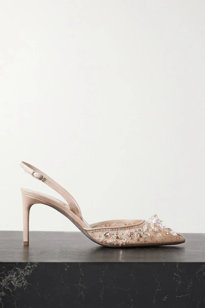 René Caovilla Crystal-embellished Lace And Leather Slingback Pumps In Silver