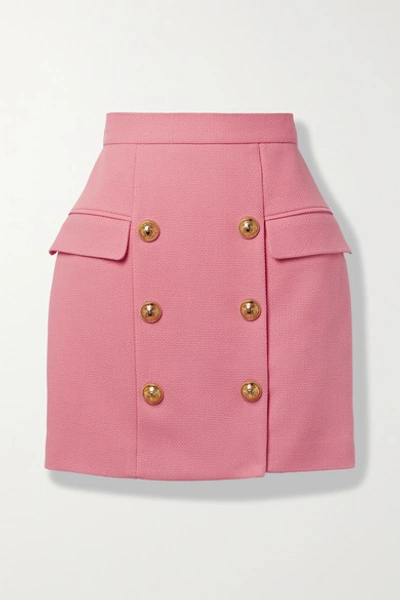 Balmain Button-embellished Cotton-piqué Mini Skirt In Pink