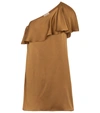 Saint Laurent One Shoulder Dress With Satin Crepe Frill In Brown