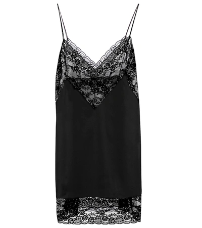 Saint Laurent Lace-trimmed Silk Mini Dress In Black
