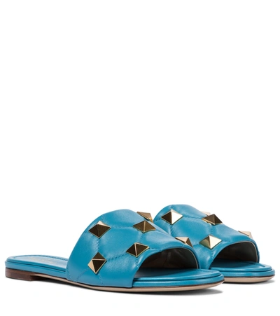 Valentino Garavani Roman Stud Quilted Nappa Leather Flat Slides In Blue
