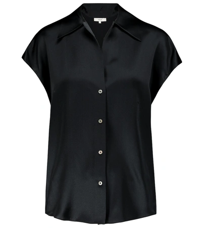 Vince Cap Sleeve Gathered Back Short Sleeve Silk Button-up Shirt In Black