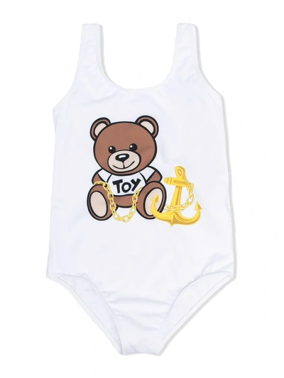 Moschino Kids' Teddy Bear 印花连体泳衣 In White