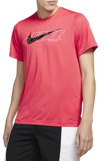 Nike Sport Clash Logo-print Perforated Stretch-jersey And Mesh T-shirt In Light Fusion Red/black