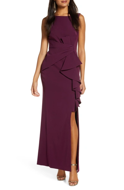 Eliza J Ruffle Front Maxi Gown In Wine