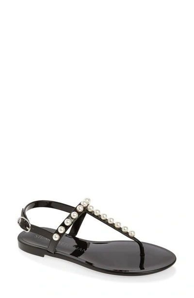 Stuart Weitzman Goldie Faux Pearl-embellished Rubber Slingback Sandals In Black Shine Rubber