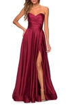 La Femme Pleated Bodice Strapless Satin Gown In Wine