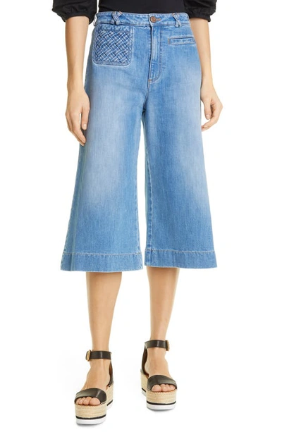 See By Chloé Lattice-pocket Wide-leg Cropped Jeans In Blue