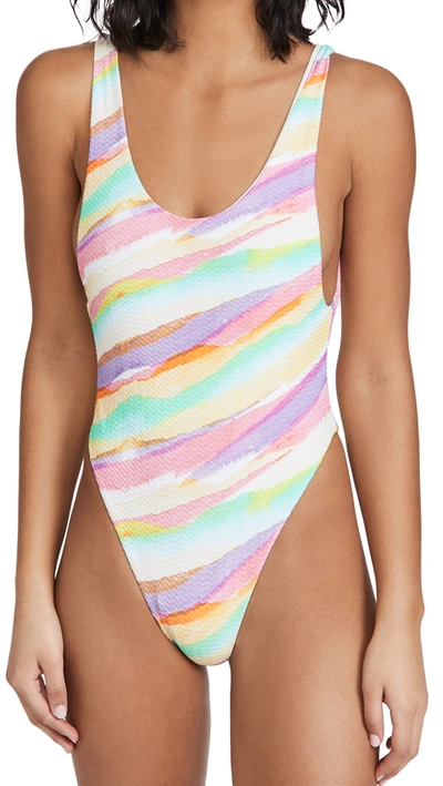 Reina Olga Funky Rainbow-print Open-back Swimsuit In Yellow