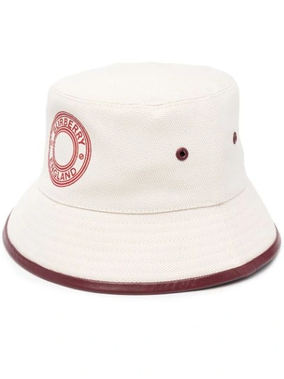 Burberry Leather Trim Logo Canvas Bucket Hat In White