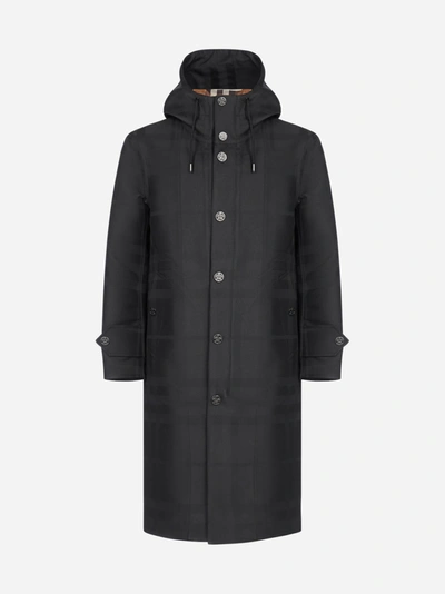 Burberry Hooded Technical Cotton Trench Coat In Black