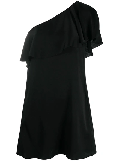 Saint Laurent One-shoulder Ruffle Mini Dress In Satin Crepe In Black