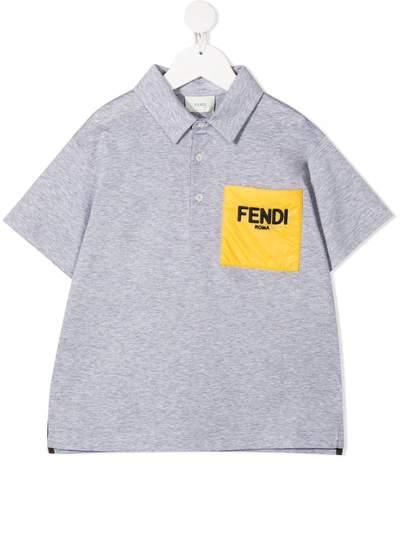 Fendi Kids' Boy's Contrast Logo Pocket Polo Shirt In Grey