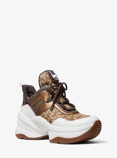 MICHAEL KORS OLYMPIA TRAINER ヒョウ柄 Michael Kors Olympia Logo Jacquard And Metallic Leather Trainer In