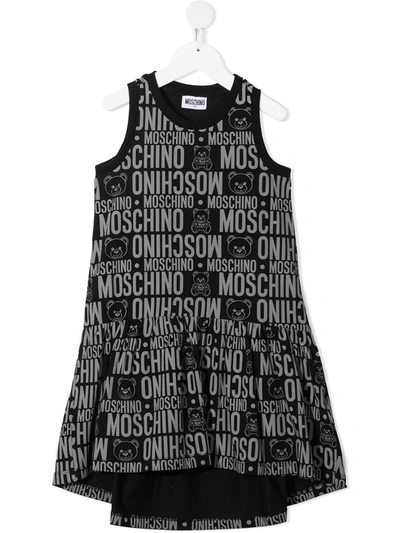 Moschino Kids' Teddy-print Logo-print Dress In Black