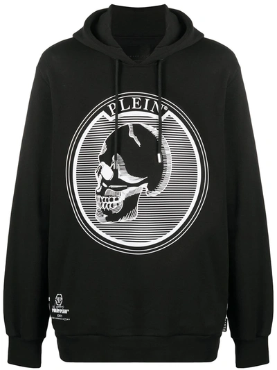 Philipp Plein Outline Skull Hooded Longline Sweatshirt In Black