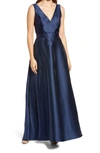Alfred Sung V-neck Sleeveless High-low Sateen Twill Gown In Midnight