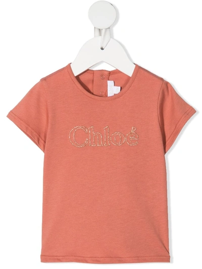 Chloé Babies' Crystal Embellished Logo T-shirt In Neutrals