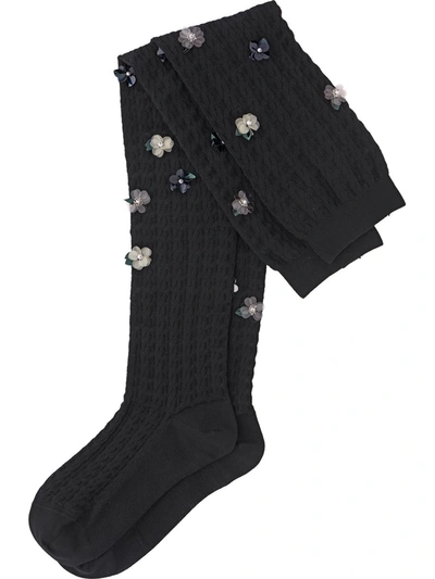 Miu Miu Over-the-knee Floral-embellished Socks In Black