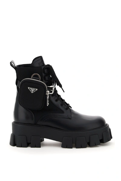 Prada Pouch-detail Monolith Leather And Nylon Combat Boots In Nero (black)